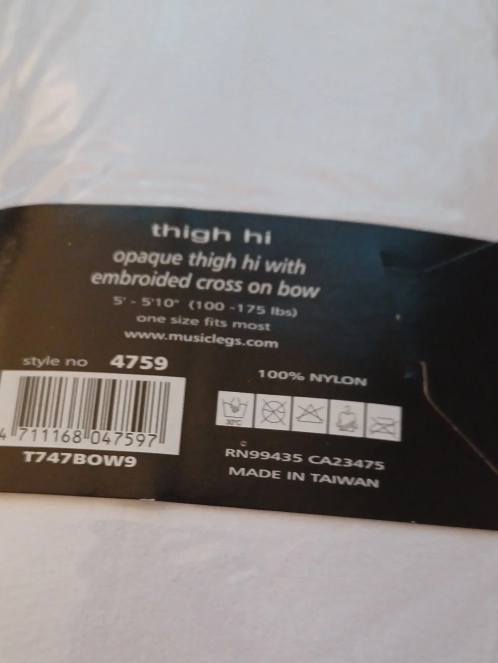 Music Legs Hosiery Thigh Hi Opaque Embroided Cross On Bow One Size Nylon New